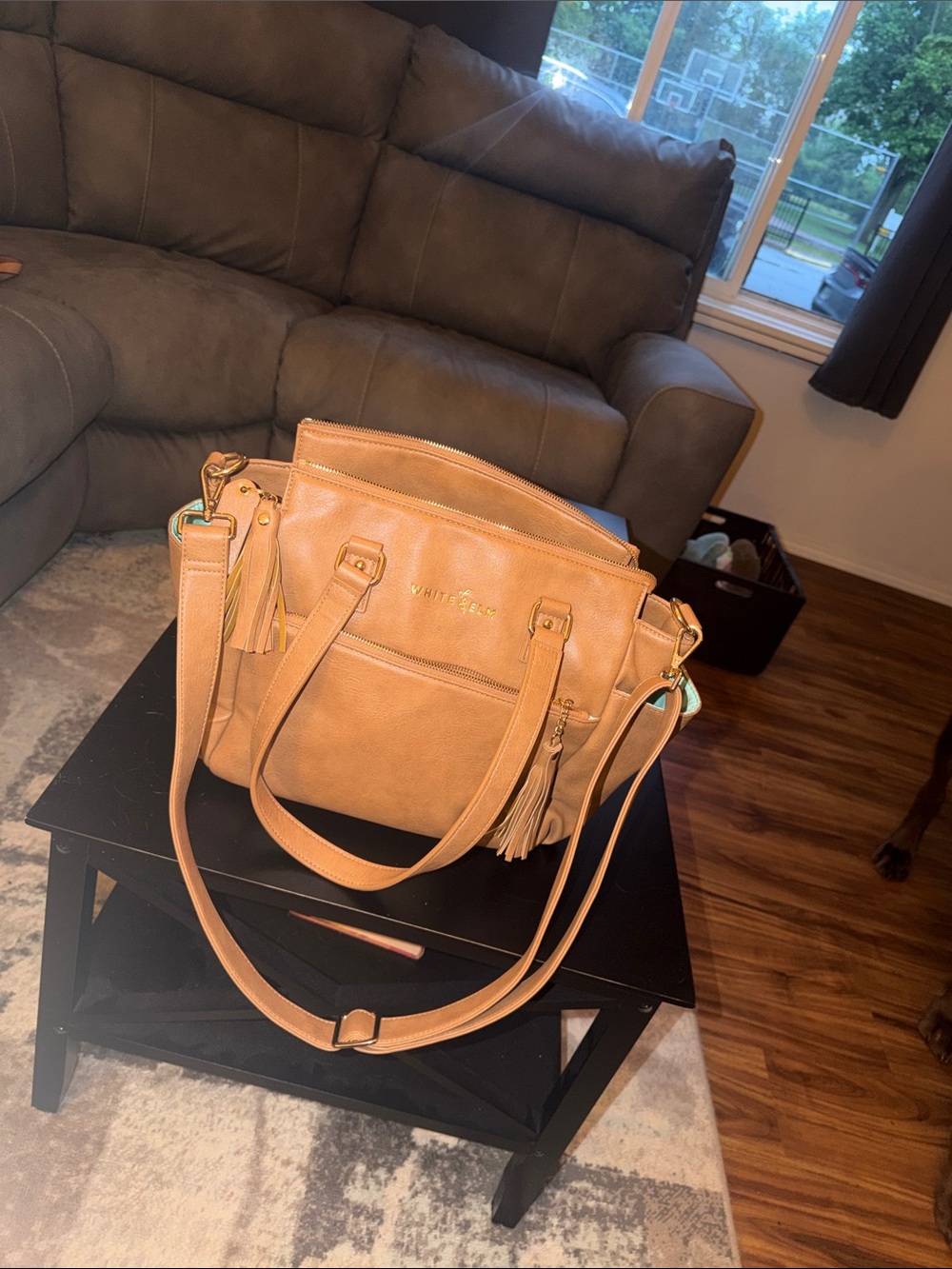 White Elm Market Caramel Tan Leather Tote with Tassels